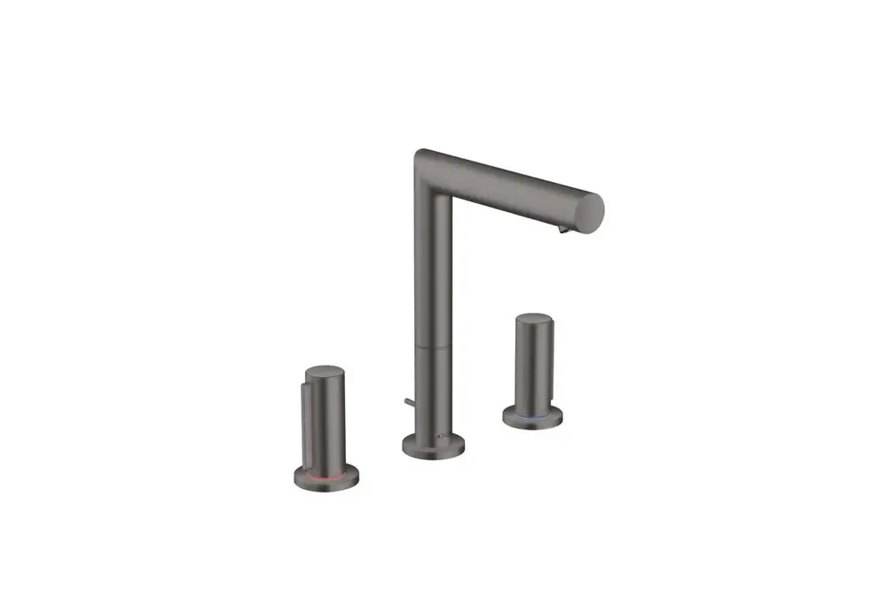 Waschtischarmatur mit drei Teilen, darunter Hauptgriff, Temperaturregler und Ablaufgarnitur. Ausführung in brushed black chrome von AXOR.